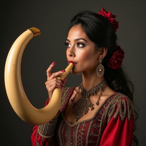Portrait of a woman blowing a long curly horn. She wears 18th-century inspired clothing. Excited expression on her face. The setting has a dramatic background that enhances the image's historical feel.