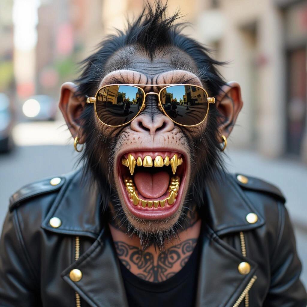 Screaming monkey shows all gold teeth. A Tyson face tattoo is visible. The monkey wears sunglasses and a leather jacket.