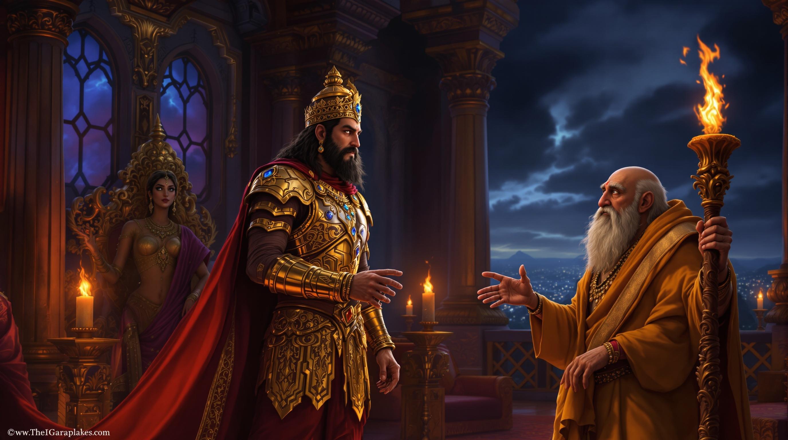 A majestic throne room scene with King Rudrasen in golden armor and Queen Mriganjali in a pink and gold saree. An old sage warns them of danger, conveying a sense of tension. The room is illuminated by torches, creating dramatic shadows.