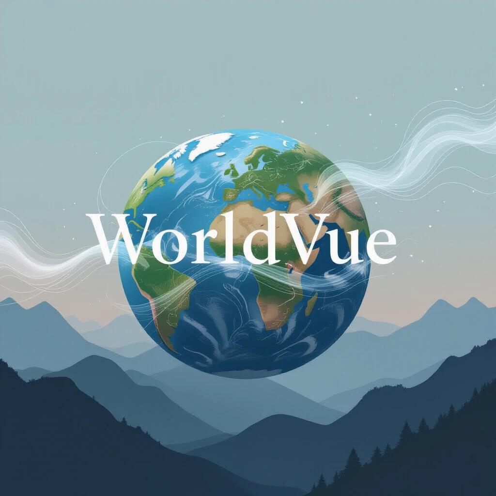 Digital painting depicting Earth and the word WorldVue. Wind visualized as glowing particles. Calm atmosphere suggesting nature of information. Soft pastel colors against muted background. 8K resolution impressionistic art.
