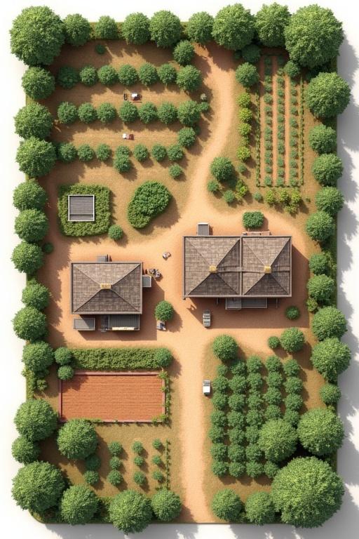 Layout of a 1 hectare farm. Five main sections displayed. Dairy area for poultry is highlighted. Greenhouses included. Horticulture area shows fruit trees. Crop production with multiple plots represented. Namibian house style highlighted. Connecting pathways available. Precise dimensions for each section are labeled. Farm name identified as Fourie plot.