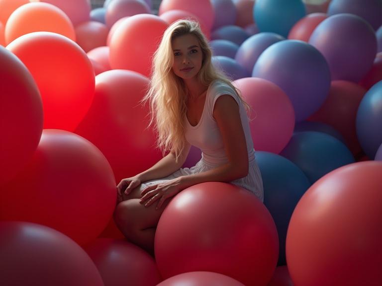 Distant panoramic view of a beautiful woman with Nordic features sitting on a large balloon in a room filled with vibrant, oversized balloons of various colors.