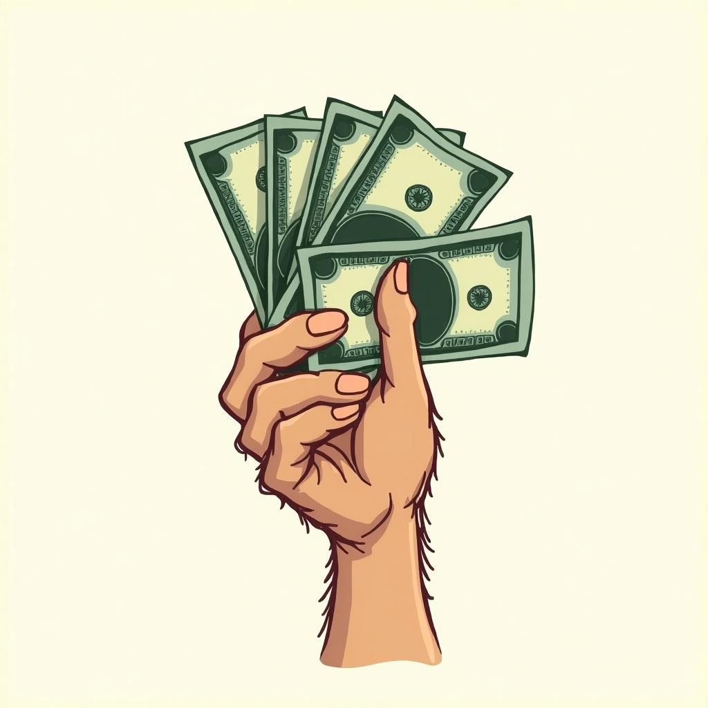 Simple illustration using rough MS Paint style. A hairy hand holds cash. Details are minimal.