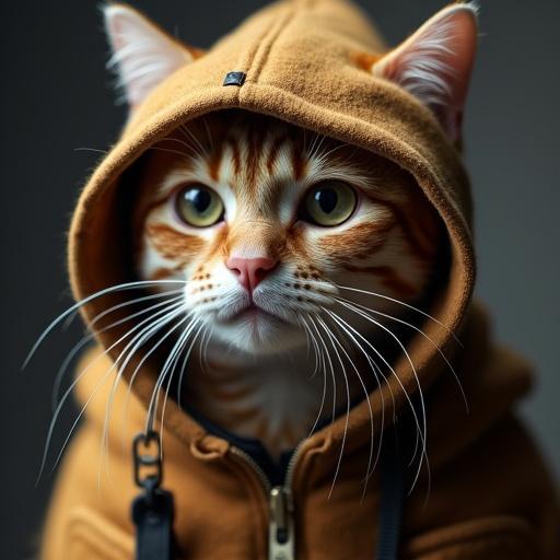 Cat wearing a brown hoodie. Cat has distinct orange stripes. Close-up of cat's face with a serious expression.