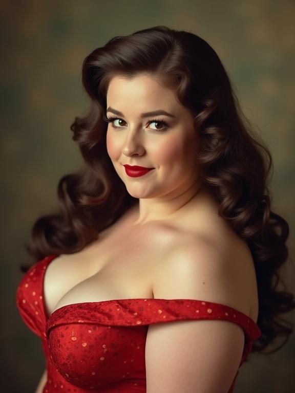 Elegant portrait of a woman in a red dress. She has long, wavy hair and a charming expression. The image features a vintage aesthetic with a soft background and warm lighting.