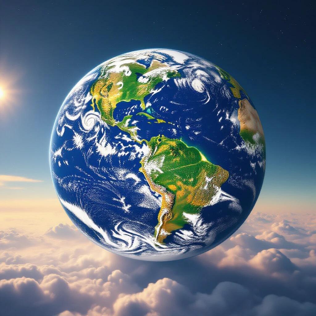 Beautiful and fragile Earth seen from space. Half in shadow and half in light. A single point of light glimmers on the dark side. Cinematic shot with photorealistic quality.