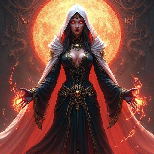 Dark sorceress with glowing red eyes and a white hood. Ornate black and gold magical outfit. Summoning dark tendrils from her back. Hellish background with runic symbols and glowing embers. Powerful energy flow. Expressive and dynamic perspective. Highly detailed with vibrant glow and natural light effects.