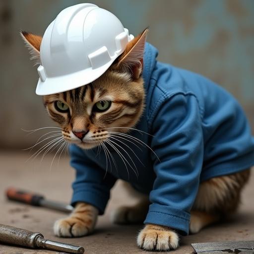 A semi-realistic cat wearing a white hard hat and blue work jacket has a serious focused expression. The cat is crouching down inspecting something from a side view with tools on the ground nearby.