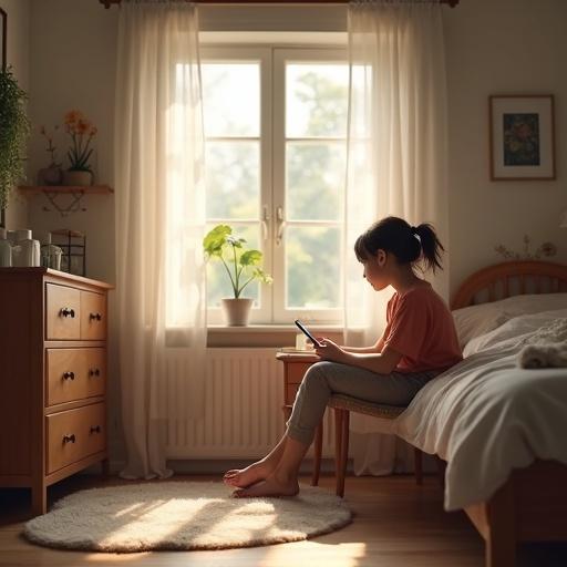 A realistic photo of a girl sitting in a cozy bedroom looking thoughtful. The scene captures natural light from a window. The room is clean and modest. The girl is engaging with her smartphone.