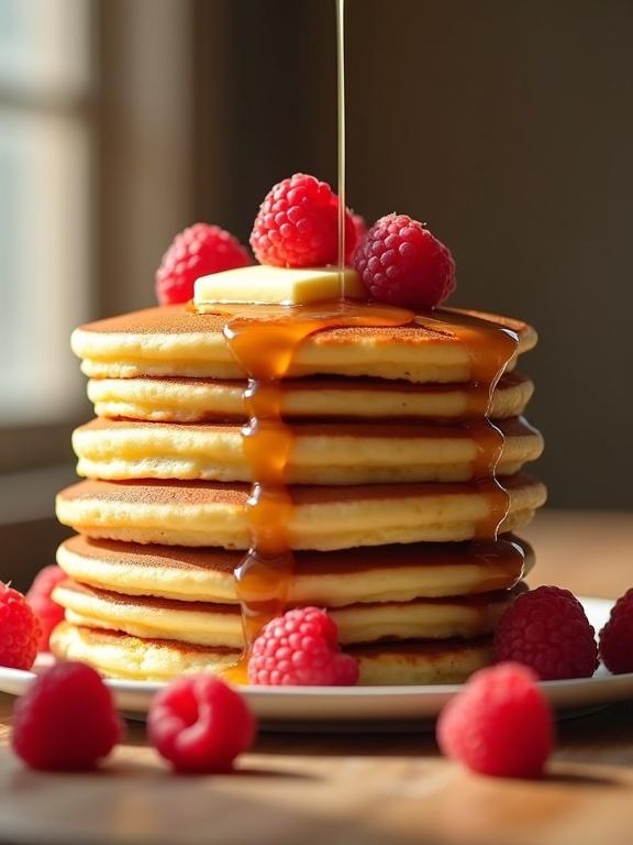 Tall stack of fluffy pancakes in golden brown color topped with fresh raspberries and butter. Syrup drizzles down the sides. Pixar-style scene with chefs flipping giant pancake.