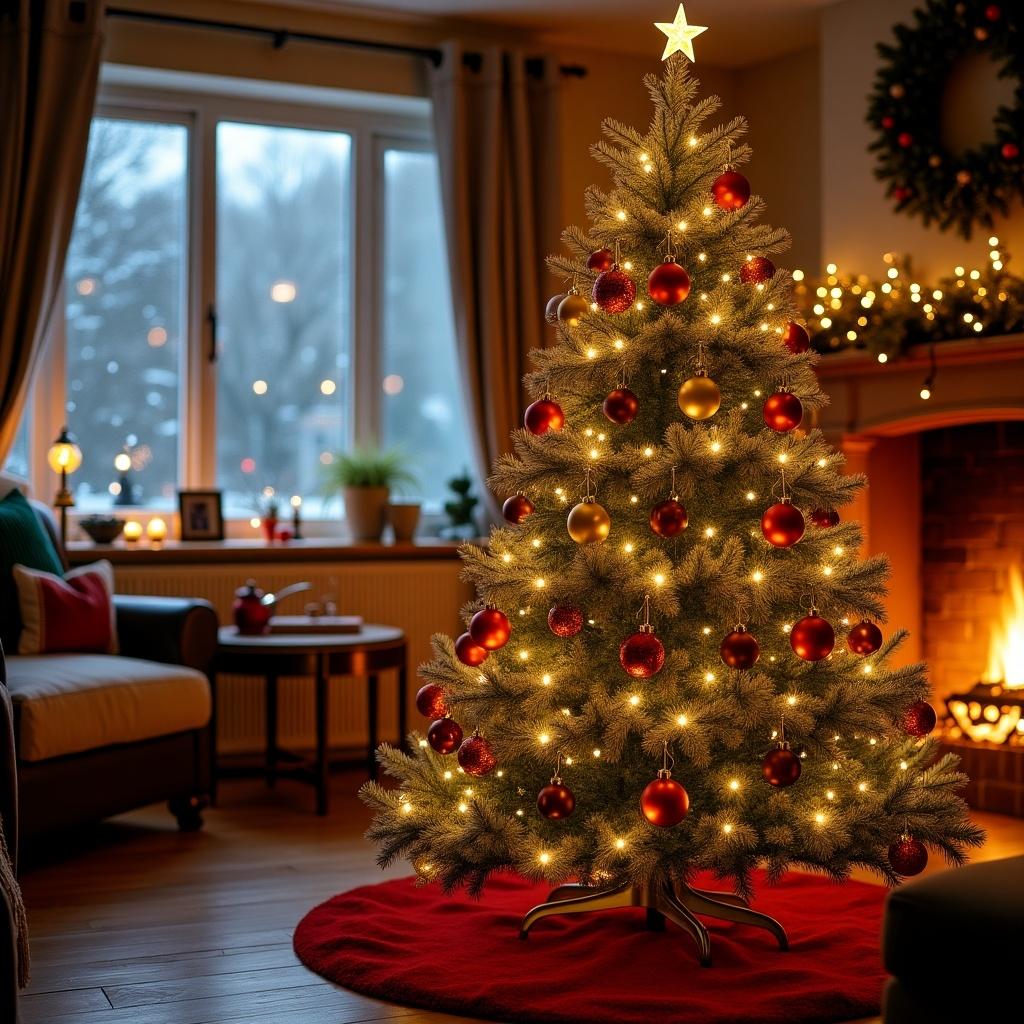 Decorated Christmas tree in a cozy living room. The tree has ornaments and lights. A warm fireplace is in the background. Natural light enters from a window. A festive atmosphere is created.