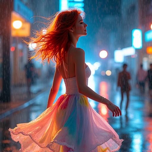 Watercolor painting of a young redhead woman wearing colorful light clothes dancing and whirling under the rain on a night city street with neon lights and reflections