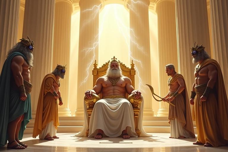 A grand mythological throne room with towering white marble columns and golden light. Zeus sits on a massive golden throne carved with thunderbolts. He looks stern and powerful, holding a scepter with blue lightning. In front is Hephaestus in a blacksmith apron with a defiant expression. To the right stands Poseidon with a silver trident. Hera is beside him, elegant in golden robes. To the left is Hermes in a traveler’s tunic, observing Hephaestus. The room has a divine glow and dramatic shadows.