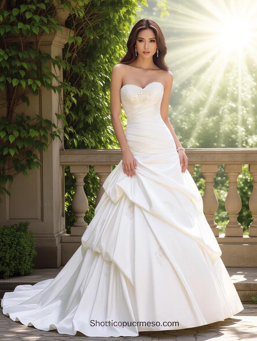 Asian model poses in a stylish wedding dress. Dress is strapless with intricate detailing. Elegant setting with sunlight and greenery in the background.