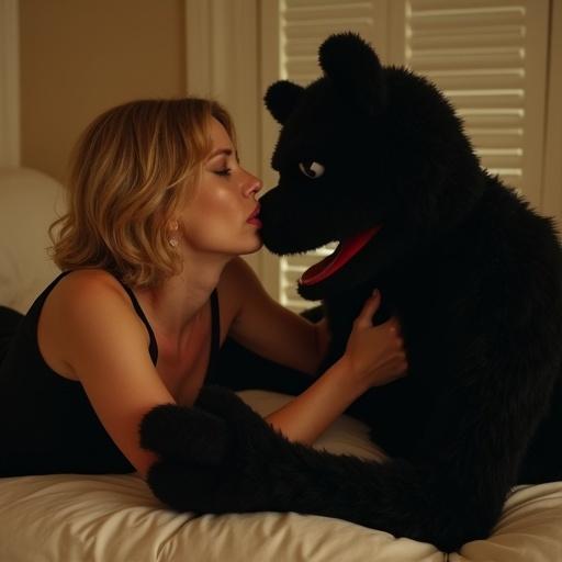 Medium close-up shot of a woman wrestling with a huge black puppet in a bedroom. The woman is light-skinned, in her 30s, with shoulder-length blonde hair, wearing a black sleeveless dress. The woman is winning, lying on top of the puppet. The scene is warm and intimate, with a focus on their faces. A dark-colored ring is on her left hand.