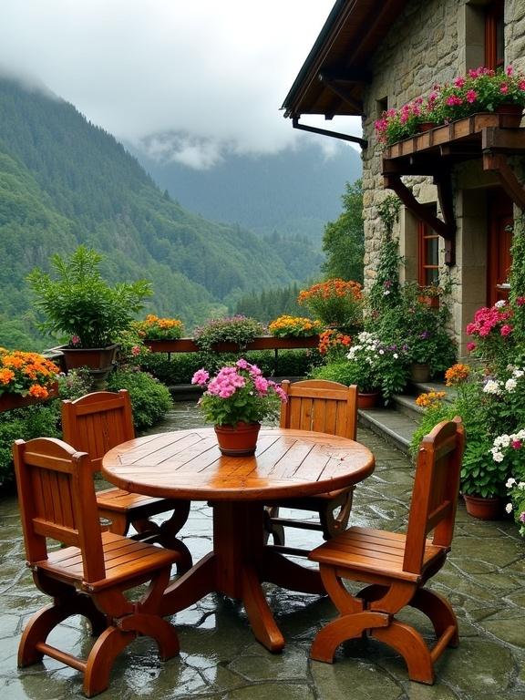 Rustic wooden outdoor dining set on a stone terrace surrounded by vibrant flowering plants with a mountain view in the background.