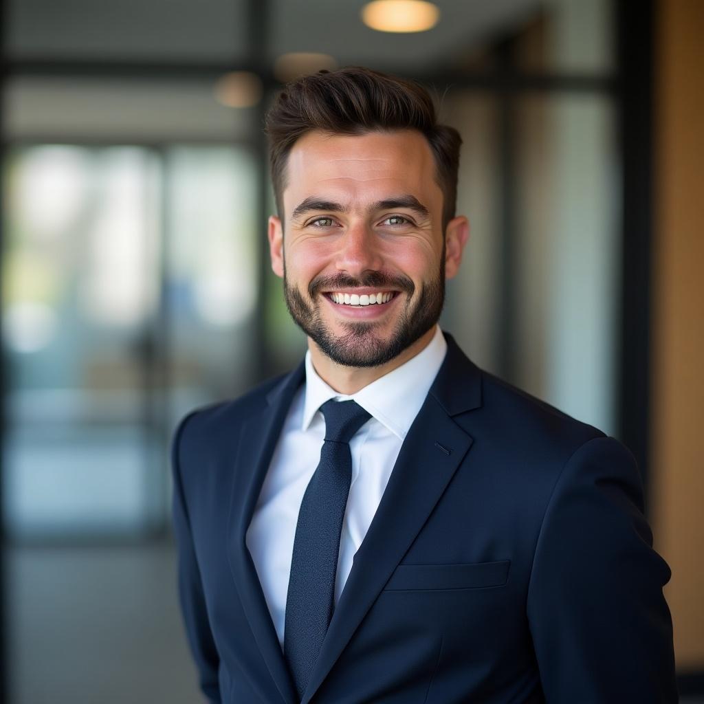 Young French sales professional dressed formally. Nice professional smile and stance suitable for LinkedIn. Hyperrealistic style with subtle beard and well-combed hair.