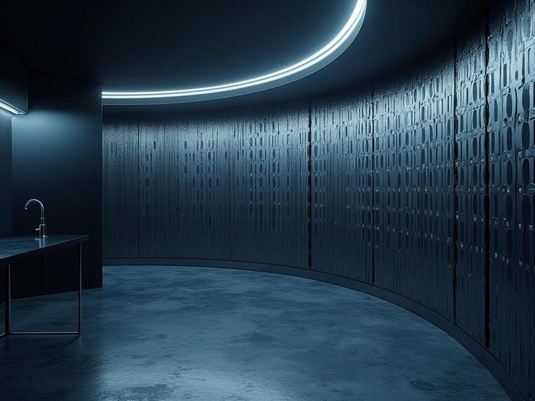 Futuristic interior space with dark blue tones. Sleek and smooth floor. Curved walls with parametric line patterns. Soft ambient lighting creates an atmospheric effect. Organic design elements enhance the realism and texture.