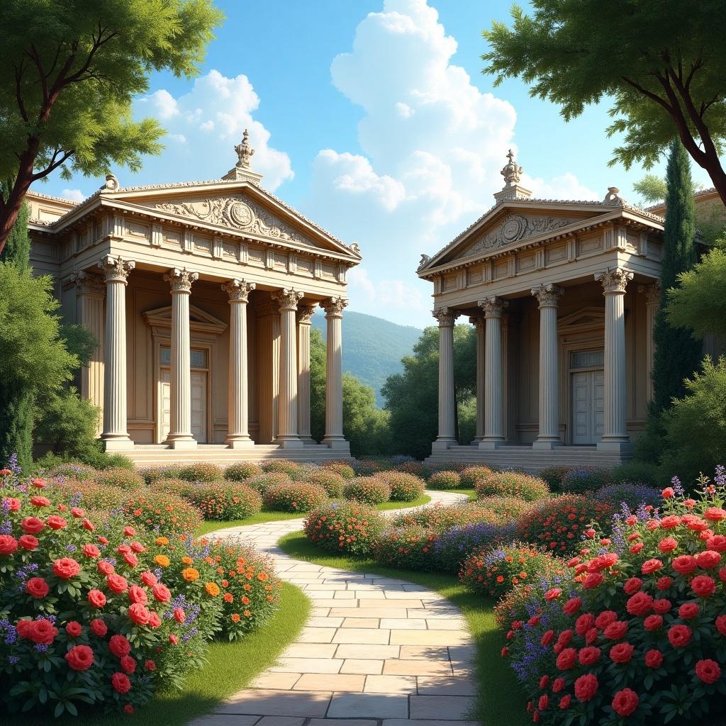 Ancient Greek architecture surrounded by blooming flowers. Pathway leads through lush garden. Sunny day creates a vibrant atmosphere.