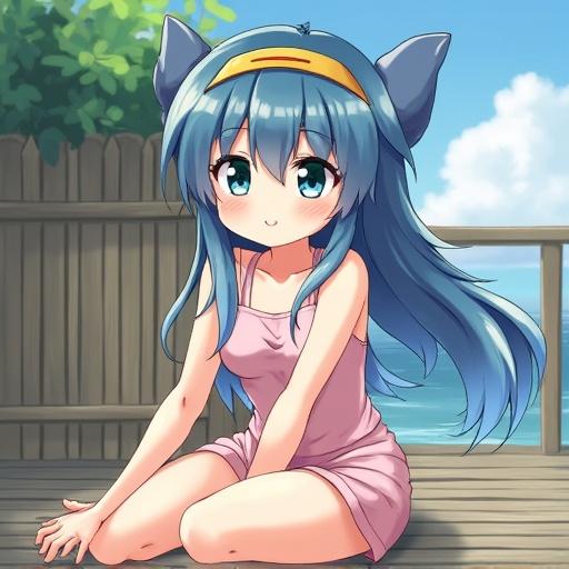 Anime character with blue hair sitting on a wooden deck. Wearing a pink dress. Calm background with a bright sky and fluffy clouds. Light expression.