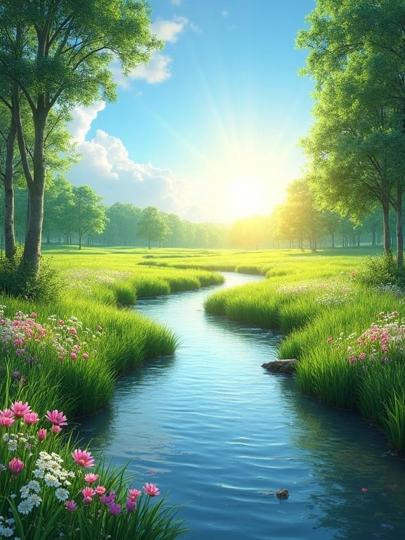A serene natural scene with a gentle river meandering through a lush green meadow. Colorful wildflowers bloom along the banks and tall trees frame the landscape. The clear blue sky features fluffy white clouds and the sun is shining, casting a warm glow.