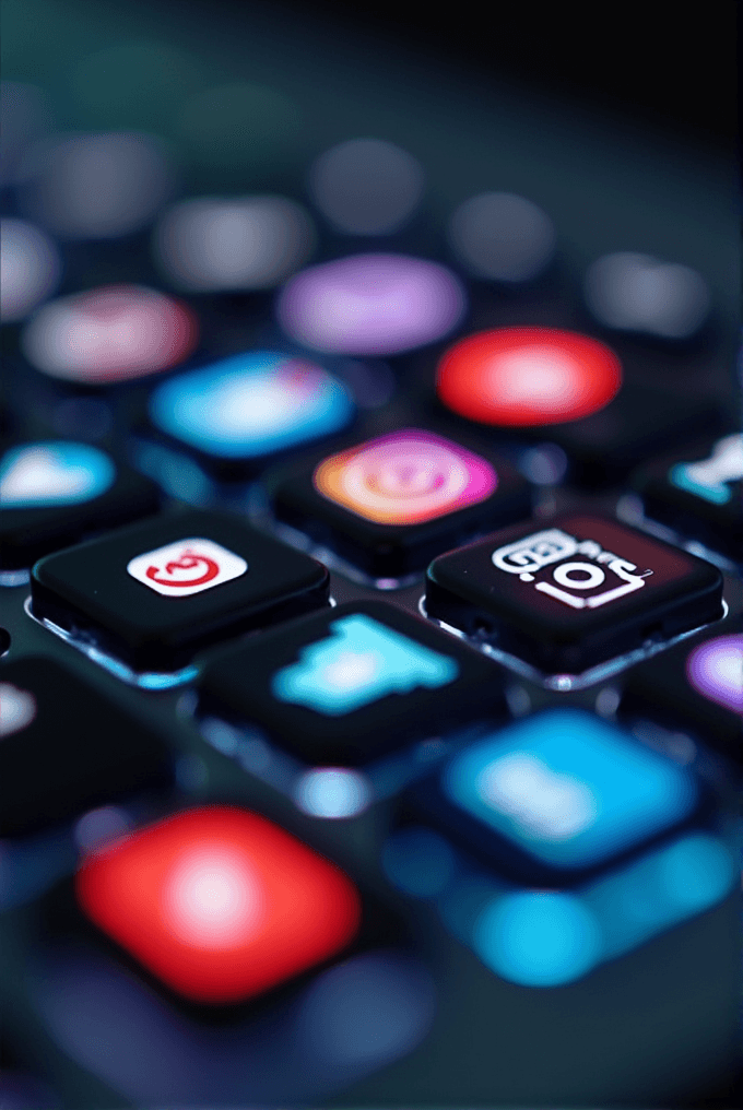 A close-up of colorful app icons on a digital screen, showing vivid colors like red, blue, and purple.