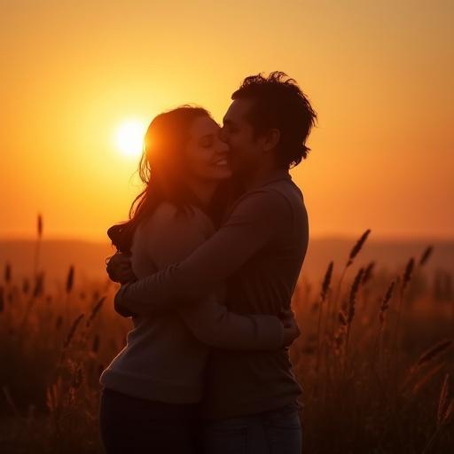 A couple hugging during a sunrise in a calm nature setting. The scene is filled with warm light and gentle colors.