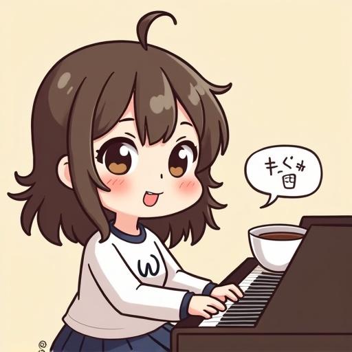 A cute girl with a half-up hairstyle plays the piano. She has a smile on her face and a cup of coffee on the piano. Her shirt displays '宝宝大师'. Cartoon style.
