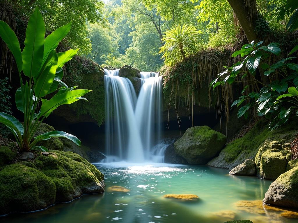 In a serene jungle setting, there is a beautiful waterfall cascading down moss-covered stones. The water flows gently, creating a peaceful sound as it splashes into a still pond below. Surrounding the waterfall, lush green plants and vibrant foliage thrive, adding to the exotic ambiance. Sunlight filters through the leaves, casting dappled shadows on the water's surface. This hidden oasis feels like a magical retreat, inviting nature lovers to relax and enjoy its beauty.