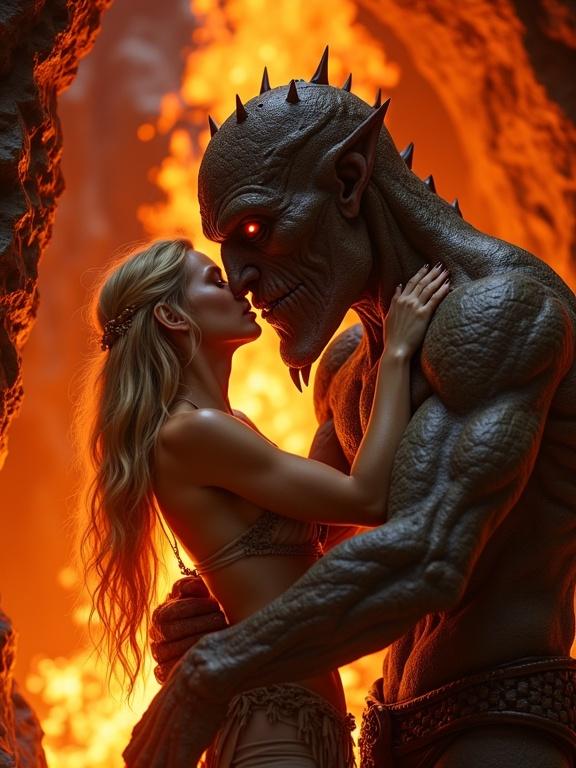 Close up of an elf girl with flowing gold hair and tattered loincloth. She caresses the face of a towering golem made of molten rock. Their eyes are locked in mutual affection. Scene set deep in a glowing lava cave. Firelight flickers on surrounding stone walls creating a warm atmosphere.