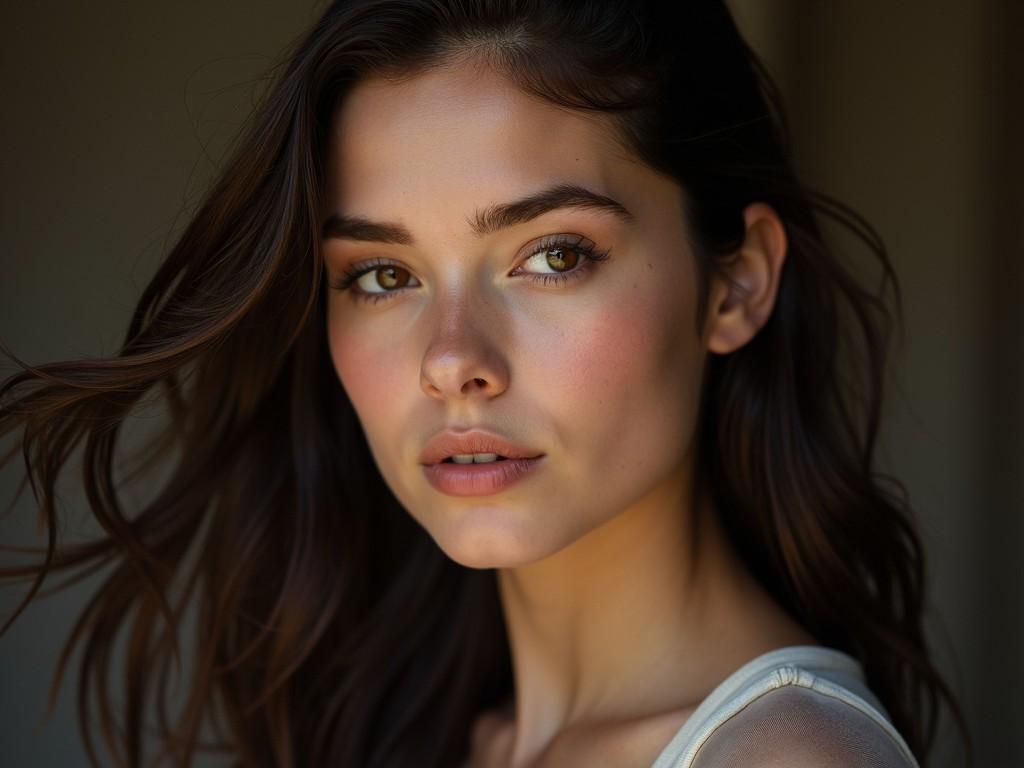 The image features a close-up portrait of a young woman. She has long, flowing hair that frames her face beautifully. The lighting is soft and natural, enhancing her delicate features. Her expression is serene and confident, with a focus on her captivating eyes. The background is muted, drawing attention to the subject. This portrait embodies elegance and natural beauty.