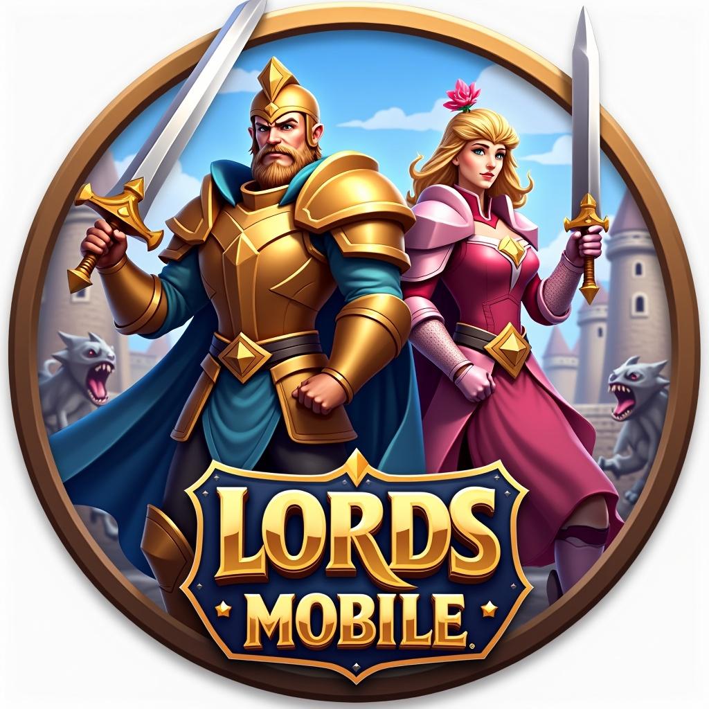 The image features a circular badge representing the mobile game Lords Mobile. At the center stand two heroes: Oath Keeper in gold armor wielding a large sword and Rose Knight adorned in pink armor with a sword and shield. Behind them, a dynamic battlefield scene unfolds, complete with a castle and lurking monsters, enhancing the fantasy atmosphere. The Lords Mobile logo is prominently displayed at the bottom in metallic hues. The design employs a vibrant color scheme focused on gold, pink, and blue, ensuring an eye-catching appearance suitable for various uses.