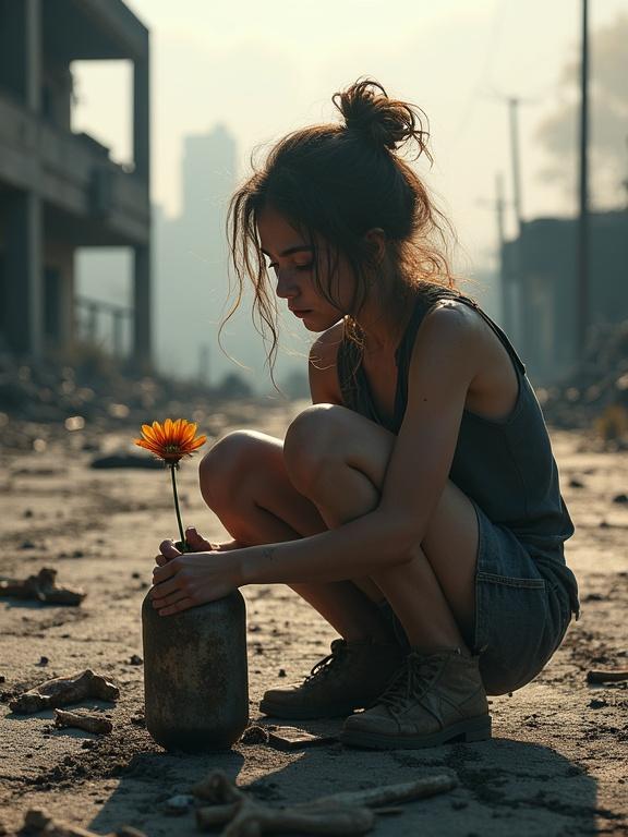 A young female survivor crouches in a desolate parking lot. The ground is cracked and littered with debris. She holds a tiny flower and waters it. Buildings stand ruined in the background. Lighting is high-contrast. The atmosphere is emotive and vulnerable.