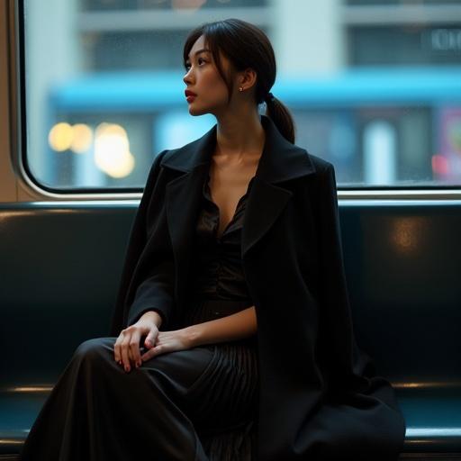 A slender woman sits in the center of a long train seat. She wears a long black coat with a navy satin lining. Soft overhead lighting creates highlights and shadows. The city lights shine through the window behind her. Her high-gloss black satin blouse and pleated skirt shimmer under the light. The coat drapes elegantly, revealing the lining with movement. Her posture is relaxed and natural.