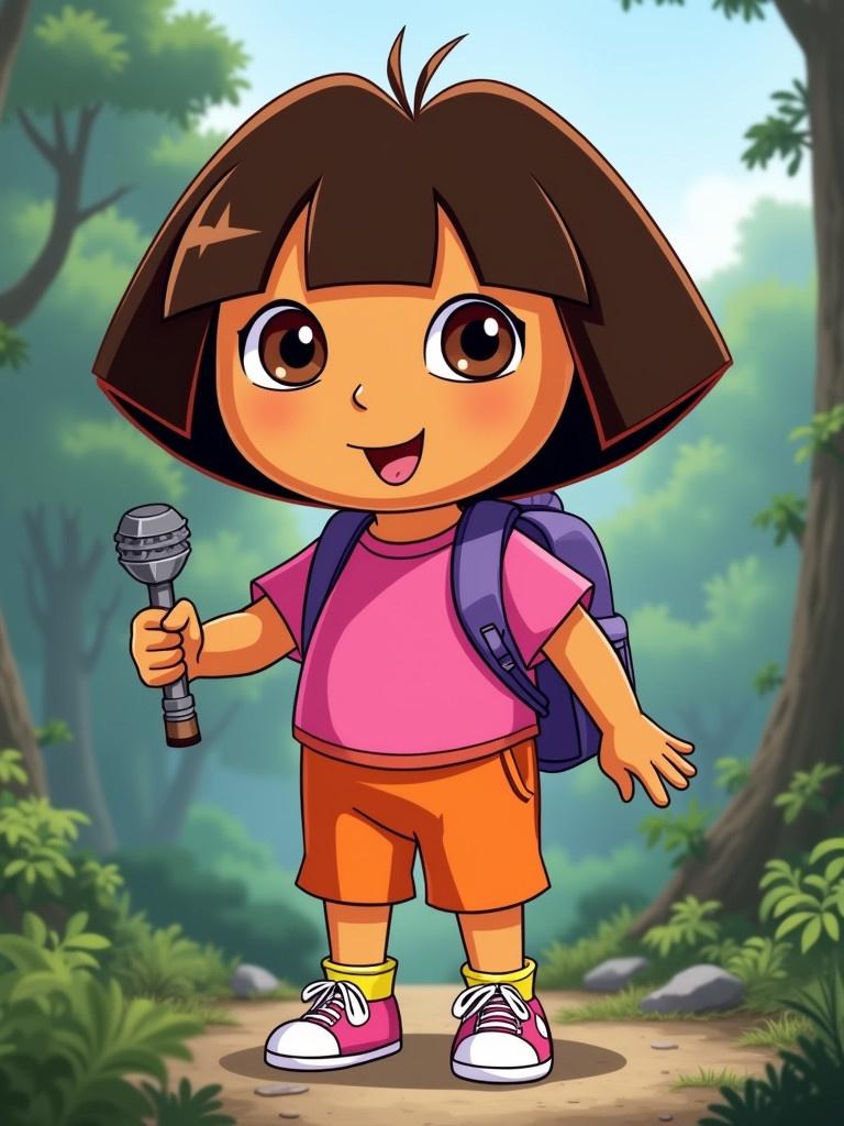 A cartoon girl with brown bob haircut stands in a forest path. She wears a pink shirt and orange shorts. A purple backpack is on her back. She holds a microphone and smiles.