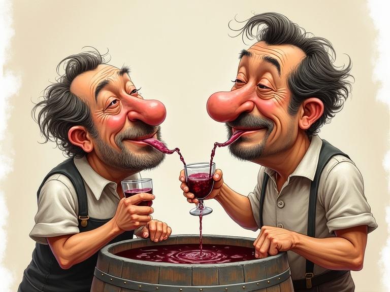 Caricature-style drawing of two characters, one is Bordalo Pinheiro and the other is Zé Povinho, standing around a large open wine barrel. Both hold ladles and drink from the barrel while appearing cheery and humorously exaggerated with flushed faces and half-closed eyes.