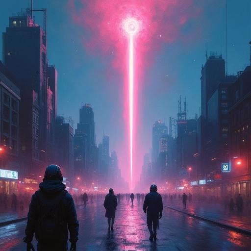 Blurry oil painting portrays dystopian cyberpunk city at night. V-shaped skyline visible. Futuristic people with headgear walk across the street. Meteor descends from space with radiant energy beam. Moody atmopshere with vaporwave colors, deep blues and hot pinks, cinematic lighting, synthwave aesthetic.