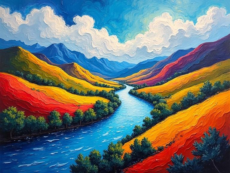 Vibrant river flowing through rolling hills. Vlaminck-inspired dynamic Fauvism style. Oil on linen with aggressive brushstrokes. Wild and expressive atmosphere. Zigzag river shapes with swirling clouds above.