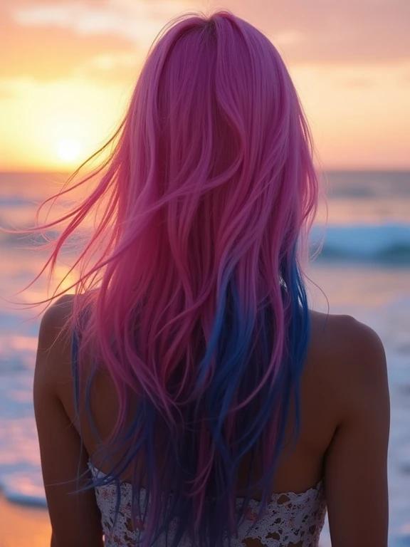 Photo captures a woman with long luxurious pink hair and blue dyed ends. Her ombre hair cascades down her back. She is watching the sunrise over the ocean. Blowing wind adds movement to her hair.