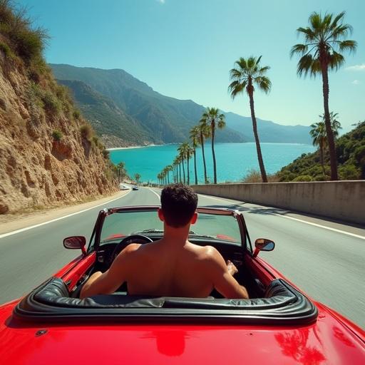 A man drives a red convertible towards Positano. The view shows palms and the beach. Sunny day with mountains in the background. Photo captured from the back of the car.