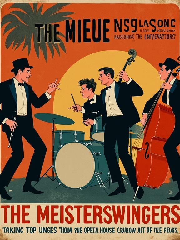 A jazz poster from the late fifties advertising a new sound in town The Meisterswingers. Taking the top tunes from the opera house and adding a little swing.
