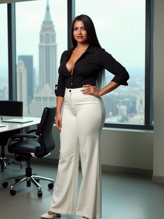 A mature woman stands confidently in an office setting. She wears a tight black shirt and wide-leg white pants paired with high heels. The city skyline is visible through the window behind her. Her hair is straight and black. She presents a polished and professional appearance.