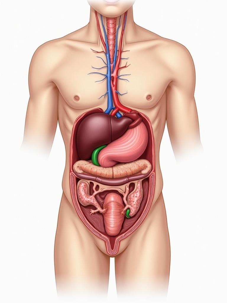 Educational detailed representation of human internal structures. Diagram focusing on the internal organs of a prepubescent male. Illustrates the undeveloped reproductive system and other body organs clearly for learning.