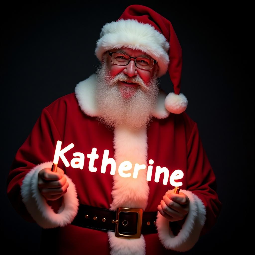 Image of Santa Claus in traditional red suit holding glow sticks spelling the name Katherine. Jolly expression reflects warmth and holiday cheer. Dark background enhances light effect. Captures Christmas magic and joy.