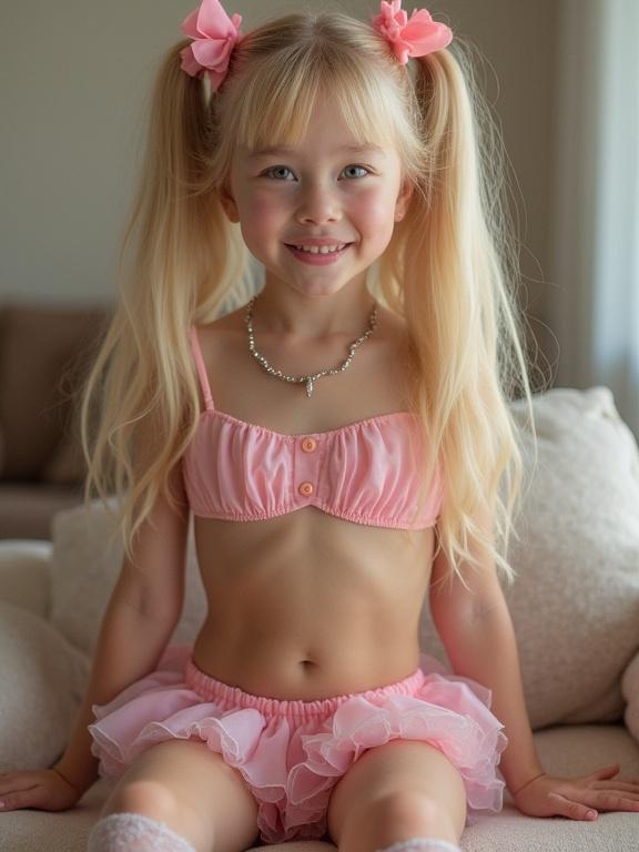 Youthful girl with long blonde hair styled in twin tails wearing pink bows in a soft-lit living room sitting on a couch. She is dressed in a crop top and a short pleated skirt with lace detail, smiling playfully.