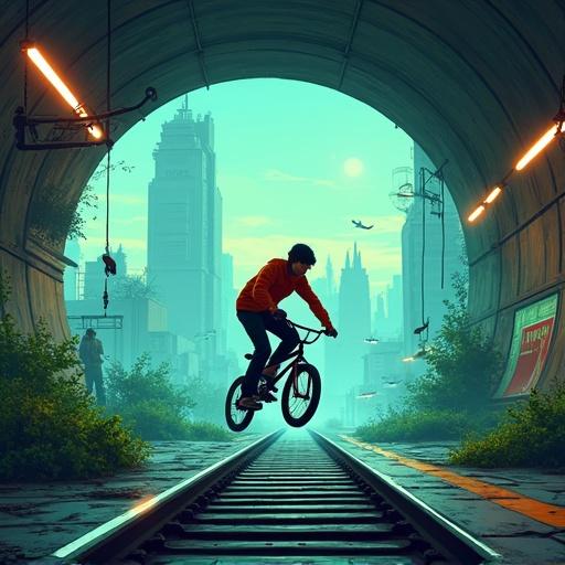 Concept art depicting a teenager riding a BMX bike and performing stunts in a futuristic dystopian subway station. The style is 2D stylized with vibrant lights and colors from large posters and banners. The atmosphere has a tone of coldness with green lights and scattered vegetation on the tracks, presenting an abandoned look with surveillance drones overhead. In the background, fog, towering skyscrapers, and light pollution dominate the sky.