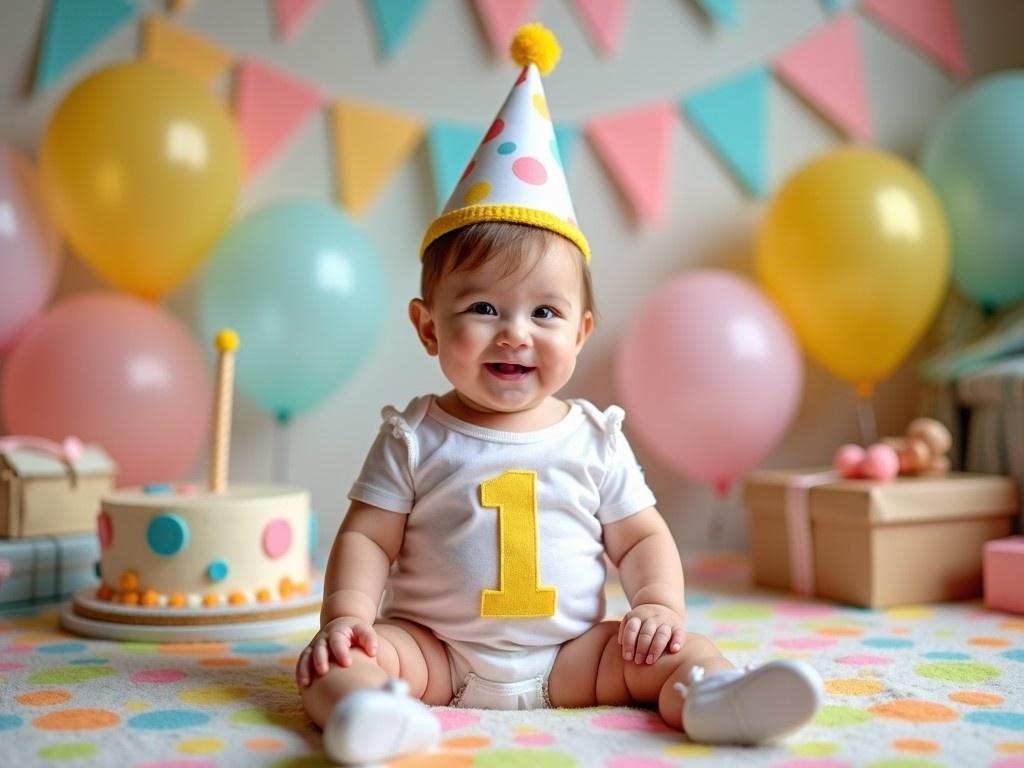 A cute baby boy is celebrating his first birthday. He is sitting on a colorful blanket, wearing a white onesie with a large number one stitched on it. The background is decorated with pastel-colored balloons and banners, adding to the festive atmosphere. There's a birthday cake nearby, adorned with bright colored frosting. The baby is smiling broadly, embodying joy and innocence, perfect for capturing this milestone moment.