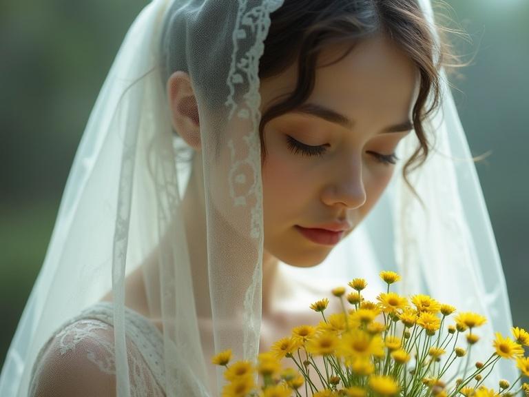 Ethereal portrait of a woman wearing a white lace veil with a bouquet of small yellow flowers. Soft natural lighting creates a dreamy atmosphere.