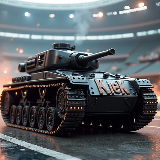 Futuristic tank designed with mechanical details sleek leather timing belt tank tread features word Kiek engraved armored plates LED lights matte black finish chrome highlights surrounded by sports arena environment with smoke and sparks