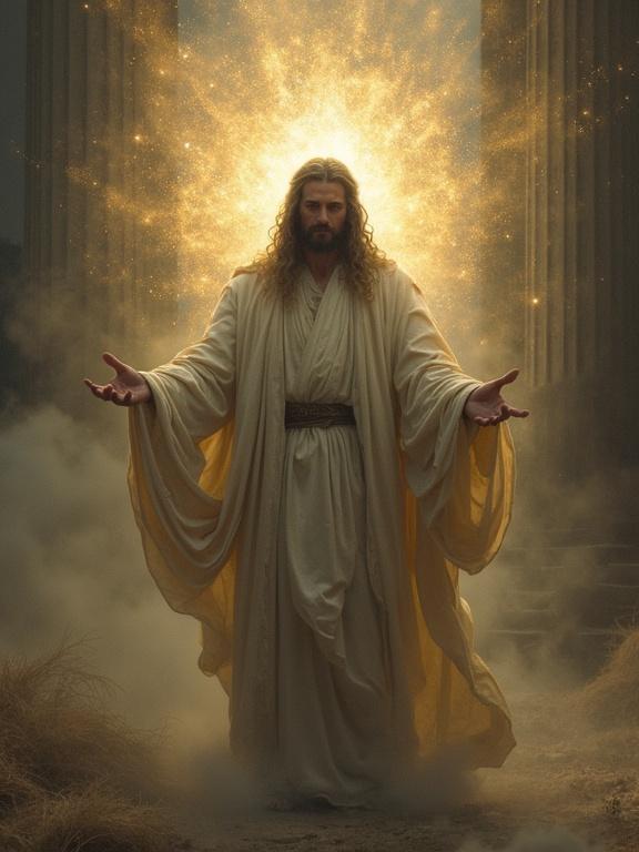 A deity stands with arms outstretched surrounded by a golden glow. The atmosphere is ethereal with soft clouds and a sense of peace. The backdrop features ancient columns implying timelessness. The scene evokes feelings of awe, serenity, and contemplation.